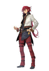  1boy aaron_wei beads black_footwear black_shirt closed_mouth dragon_print eiyuu_densetsu enami_katsumi flower_knot full_body hair_between_eyes hand_on_own_hip jacket kuro_no_kiseki long_hair long_sleeves looking_at_viewer male_focus midriff_peek official_art open_clothes open_jacket pants ponytail red_hair red_pants shirt shoes simple_background smirk solo standing tassel thigh_strap third-party_source white_background white_jacket yellow_eyes 