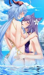  2girls ass bare_shoulders beach bikini blue_hair blue_sky blush braid breasts closed_eyes cloud cloudy_sky day double_bun flower ganyu_(genshin_impact) genshin_impact hair_bun hair_flower hair_ornament happy highres horns keqing_(genshin_impact) long_hair medium_breasts multiple_girls ocean one-piece_swimsuit open_mouth outdoors partially_submerged purple_bikini purple_hair sideboob sieka_(piiroinardesco) sky swimsuit twintails twitter_username wet white_one-piece_swimsuit yuri 