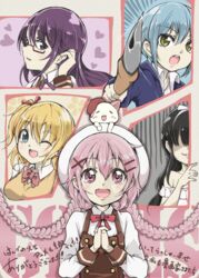  5girls :d ;d absurdres animal animal_on_head black_hair blonde_hair blue_eyes blue_hair bow bowtie braid breasts cardigan_vest cat_on_head comic_girls commentary_request feline fuura_suzu glasses hair_between_eyes hair_ornament hair_over_eyes hairband hairclip happy hat heart highres interlocked_fingers irokawa_ruki katsuki_tsubasa koizuka_koyume long_hair looking_at_viewer medium_breasts moeta_kaoruko multiple_girls nyaos oerba_yun_fang off_shoulder on_head one_eye_closed one_side_up open_mouth own_hands_together panyatteria pink_eyes pink_hair purple_eyes purple_hair red_bow red_bowtie red_headwear school_uniform short_hair sidelocks skin_fang smile teeth translation_request twin_braids upper_teeth_only very_long_hair white_cat white_headwear x_hair_ornament yellow_eyes 