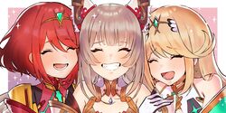  3girls animal_ears arm_hug blonde_hair cat_ears chest_jewel closed_eyes grey_hair happy highres kyosuke1413koba laughing long_hair multiple_girls mythra_(xenoblade) nia_(blade)_(xenoblade) nia_(xenoblade) pyra_(xenoblade) red_hair short_hair smile tiara upper_body xenoblade_chronicles_(series) xenoblade_chronicles_2 