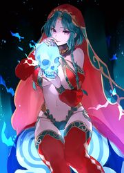  breasts cleavage dark_background fate/grand_order fate_(series) feet_out_of_frame female green_hair highres holding holding_skull hoshi_rasuku jewelry large_breasts long_hair looking_at_viewer nail_polish navel necklace open_mouth purple_eyes red_thighhighs salome_(fate) scarf sitting skull solo stomach thighhighs underwear 