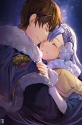  1boy berkut_(fire_emblem) berkut_(soiree)_(fire_emblem) blue_hair blush braid brown_hair closed_eyes closed_mouth couple crown_braid female fire_emblem fire_emblem_echoes:_shadows_of_valentia fire_emblem_heroes from_side fur_trim hair_ornament highres hug long_hair rinea_(fire_emblem) rinea_(soiree)_(fire_emblem) short_hair smile straight upper_body velahka 