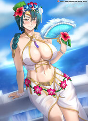  abs absurdres arm_support artist_name bikini blue_hair blush braid breasts brown_eyes cleavage closed_mouth day female fire_emblem fire_emblem_heroes flower folding_fan hand_fan highres large_breasts lips looking_at_viewer medium_hair navel ocean official_alternate_costume outdoors patreon_logo patreon_username sarong single_braid smile solo swimsuit thighs thorr_(fire_emblem) thorr_(summer)_(fire_emblem) vilde_loh_hocen web_address white_bikini 