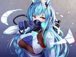  azur_lane blue_gloves blue_hair blush boise_(azur_lane) breasts commentary female gloves grey_background hand_up headgear irohara large_breasts long_hair looking_at_viewer mask solo upper_body yellow_eyes 