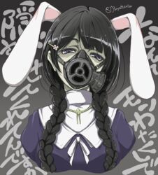  absurdres animal_ears black_eyes black_hair braid breasts commentary_request female hair_ornament hairclip half-closed_eyes highres long_hair medium_breasts nijisanji panyatteria rabbit_ears respirator solo translation_request tsukino_mito tsukino_mito_(2nd_costume) twin_braids upper_body virtual_youtuber 