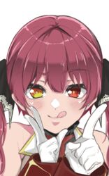  commentary_request female gloves heterochromia highres hololive houshou_marine houshou_marine_(1st_costume) index_finger_raised long_hair panyatteria portrait red_eyes red_hair solo tongue tongue_out twintails virtual_youtuber w white_gloves yellow_eyes 