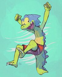  2019 3_toes anthro barefoot blue_body blue_scales claws clothed clothing dinosaur_bones edtropolis feet green_body green_scales jumping open_mouth plantigrade raised_arms red_clothing red_swimming_trunks red_swimwear reptile scales scalie smile soles solo swimming_trunks swimwear toes zarland_rex 