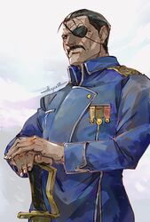  1boy absurdres amestris_military_uniform black_hair blue_jacket eyepatch facial_hair fullmetal_alchemist hands_on_hilt highres ikuyoan jacket king_bradley long_sleeves male_focus military_jacket moustache signature solo upper_body white_background 