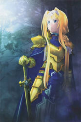  absurdres alice_zuberg armor armored_dress artist_request blonde_hair blue_cape blue_dress blue_eyes body_armor braid braided_ponytail cape dress female floating_hair gauntlets gloves glowing glowing_sword glowing_weapon gold_armor gold_gloves hairband highres holding holding_sword holding_weapon knight long_hair looking_away official_art osmanthus_blade pauldrons scan shoulder_armor solo sword sword_art_online sword_art_online:_alicization tree weapon white_hairband yellow_gloves 