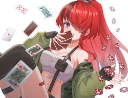  ;d bandaid bandaid_on_shoulder bandeau bare_shoulders black_hair black_thighhighs breasts card cleavage devonrex eyes_visible_through_hair female green_jacket hair_over_one_eye highres holding holding_card jack_(playing_card) jack_of_diamonds jacket king_(playing_card) king_of_spades lain_paterson lain_paterson_(1st_costume) large_breasts long_hair looking_at_viewer midriff multicolored_hair navel nijisanji off_shoulder one_eye_closed open_clothes open_jacket playing_card poker_chip ponytail purple_eyes queen_(playing_card) queen_of_hearts_(playing_card) red_hair simple_background sitting smile solo stomach strapless streaked_hair suspenders thigh_strap thighhighs thighs tube_top virtual_youtuber white_background 