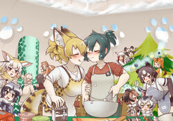  6+girls :d :q african_wild_dog_(kemono_friends) alpaca_ears alpaca_suri_(kemono_friends) alternate_costume american_beaver_(kemono_friends) animal_ear_fluff animal_ears apron artist_name baking bear_ears beaver_ears black-tailed_prairie_dog_(kemono_friends) black_hair blonde_hair blush bodystocking bow bowl bowtie breasts brown_bear_(kemono_friends) brown_coat brown_eyes chinese_commentary christmas_tree coat commentary_request common_raccoon_(kemono_friends) couple dog_ears drooling eurasian_eagle_owl_(kemono_friends) extra_eyes facing_another fennec_(kemono_friends) food food_on_face fork fox_ears fur_collar golden_snub-nosed_monkey_(kemono_friends) grey_coat grey_eyes grey_hair hair_between_eyes hair_bun head_wings height_difference high_ponytail highres himejoshi holding holding_fork holding_knife indoors japanese_crested_ibis_(kemono_friends) kaban_(kemono_friends) kemono_friends knife large_breasts layered_sleeves leaning_forward licking_lips light_brown_hair long_hair long_sleeves looking_at_another lucky_beast_(kemono_friends) medium_hair microskirt miji_doujing_daile monkey_ears multicolored_hair multiple_girls northern_white-faced_owl_(kemono_friends) oerba_yun_fang open_mouth orange_hair owl_ears photoshop_(medium) raccoon_ears red_hair scarf serval_(kemono_friends) shipping_(fandom) shirt short-sleeved_sweater short_hair short_over_long_sleeves short_ponytail short_sleeves sidelocks single_hair_bun skirt smile snow sweater tail tongue tongue_out two-tone_hair v-shaped_eyebrows whisk white_hair window wings winter_clothes yellow_eyes yuri 