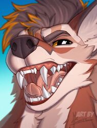  absurd_res anthro bodily_fluids brown_hair canid canine close-up digital_media_(artwork) fangs hair headshot_portrait hi_res male mammal ms.sunrise open_mouth portrait saliva saliva_string sharp_teeth solo teeth yellow_sclera 