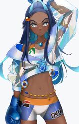  1girls blue_boxing_gloves blue_eyes blue_eyeshadow blue_gloves blue_hair boxing_gloves bra dark-skinned_female dark_skin eyeshadow female female_only gloves long_hair looking_at_viewer nessa_(pokemon) nintendo pokemon pokemon_ss setta_shu shorts solo solo_female sports_bra tagme thick thick_hips thick_thighs white_background wide_hips 