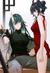  2girls 3o_c absurdres arknights arm_ribbon arm_scarf bare_shoulders belt black_shirt blue_hair brown_belt ch&#039;en_(ageless_afterglow)_(arknights) ch&#039;en_(arknights) china_dress chinese_clothes closed_mouth commentary couch dragon_girl dragon_horns dress green_hair hair_bun highres horns hoshiguma_(arknights) hoshiguma_(ronin_huntress)_(arknights) jewelry looking_at_viewer looking_to_the_side multiple_girls necklace official_alternate_costume pants red_dress red_eyes ribbon shirt single_hair_bun single_horn sitting skin-covered_horns sleeveless sleeveless_shirt standing strap symbol-only_commentary thighs turtleneck yellow_eyes 