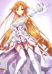  armor armored_dress armpits asuna_(sao) asuna_(stacia) bare_shoulders breastplate breasts brown_eyes brown_hair cleavage closed_mouth detached_collar detached_sleeves dress energy faulds female floating_hair gloves glowing highres holding holding_sword holding_weapon is_ii light_particles long_hair long_sleeves looking_at_viewer magic outstretched_arm radiant_light rapier sheath short_dress small_breasts smile solo sword sword_art_online sword_art_online:_alicization sword_art_online:_alicization_-_war_of_underworld thighhighs thighs unsheathed very_long_hair weapon white_armor white_dress white_gloves white_sleeves white_thighhighs 