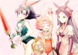  3girls :d animal_ears arm_up black_hair black_leotard blue_eyes breasts cleavage closed_eyes covered_navel detached_sleeves fae_(fire_emblem) fae_(spring)_(fire_emblem) fake_animal_ears fir_(fire_emblem) fir_(spring)_(fire_emblem) fire_emblem fire_emblem:_the_binding_blade fire_emblem_heroes floating_hair gloves green_eyes grey_hair heterochromia holding idunn_(fire_emblem) idunn_(spring)_(fire_emblem) leotard long_hair long_sleeves multiple_girls open_mouth pink_hair pink_skirt playboy_bunny pointy_ears purple_sleeves rabbit_ears red_eyes red_leotard shoochiku_bai short_hair skirt small_breasts smile very_long_hair white_gloves 