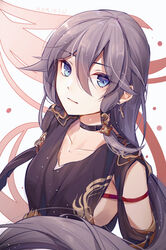  ai_xiao_meng black_choker black_shirt blue_eyes blue_hair breasts chinese_clothes choker closed_mouth clothing_cutout dragon_print earrings female fu_hua fu_hua_(night_squire) fu_hua_(rustic_noir) grey_hair hair_between_eyes highres honkai_(series) honkai_impact_3rd jewelry long_hair looking_at_viewer low-cut_armhole official_alternate_costume ponytail red_rope rope shirt side_cutout simple_background sleeveless sleeveless_shirt small_breasts solo white_background 