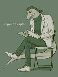  3:4 anthro bent_legs book bottomwear chair clothed clothing crossed_legs disney footwear fully_clothed furniture hair hi_res leg_over_edge leg_over_thigh lizard male over_edge pants reptile scalie shoes simple_background sitting solo star_vs._the_forces_of_evil tail_over_edge toffee_(svtfoe) topwear unknown_artist 