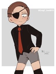  1boy artist_name black_shirt brown_hair collared_shirt commentary commentary_request cowboy_shot craigt_love9019 evil_morty eyepatch formal hand_on_own_hip highres male_focus morty_smith necktie one_eye_covered red_necktie rick_and_morty shirt short_hair shorts simple_background smile solo suit translation_request white_background 