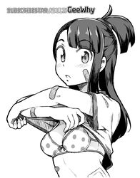  artist_name bandaid bra breasts clothes_lift female geewhy greyscale highres kagari_atsuko lifting_own_clothes light_blush little_witch_academia looking_at_viewer monochrome polka_dot polka_dot_bra ponytail shirt shirt_lift short_hair simple_background small_breasts solo subscribestar_username t-shirt underwear upper_body web_address white_background 