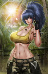  bare_shoulders breasts camouflage camouflage_pants cargo_pants cleavage collarbone crop_top dirt dirty dirty_clothes dirty_face dog_tags earrings female highres jewelry kyopink leona_heidern midriff navel pants solo sweat tank_top the_king_of_fighters the_king_of_fighters_xiv the_king_of_fighters_xv toned triangle_earrings yellow_tank_top 