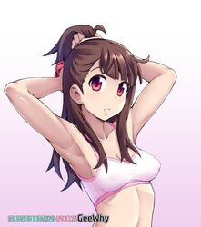  armpits arms_up artist_name bra breasts brown_hair cleavage female geewhy gradient_background hands_in_hair highres kagari_atsuko little_witch_academia looking_at_viewer parted_lips pink_background pink_bra red_eyes short_hair small_breasts solo subscribestar_username teeth tying_hair underwear upper_body web_address 