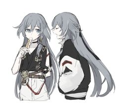  2girls alternate_costume asuna_(doruru-mon) bad_id bad_pixiv_id belt black_choker black_jacket black_shirt blue_eyes blue_hair chinese_clothes choker closed_eyes clothing_cutout commentary_request dango dragon_print dual_persona eating food fu_hua fu_hua_(herrscher_of_sentience) fu_hua_(night_squire) fu_hua_(rustic_noir) grey_hair hair_between_eyes highres holding holding_food honkai_(series) honkai_impact_3rd jacket long_hair looking_at_another low-cut_armhole multicolored_hair multiple_belts multiple_girls official_alternate_costume open_mouth red_rope rope shirt shorts side_cutout simple_background sleeveless sleeveless_shirt streaked_hair wagashi white_background white_hair white_shorts 