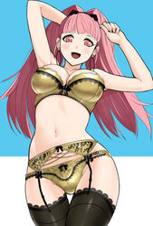  :d absurdres aegis_(nerocc) arms_up bare_arms bare_shoulders black_bow black_thighhighs blue_background blunt_bangs bow bow_bra bow_panties bra breasts cleavage cowboy_shot earrings female fire_emblem fire_emblem:_three_houses garter_belt gold_bra gold_panties hair_ornament heart heart_hair_ornament highres hilda_valentine_goneril hoop_earrings jewelry lace-trimmed_bra lace-trimmed_legwear lace-trimmed_panties lace_trim large_breasts lingerie long_hair navel open_mouth panties pink_hair red_eyes satin satin_bra satin_panties smile solo stomach thigh_gap thighhighs twintails two-tone_background underwear underwear_only white_background yellow_bra yellow_panties 