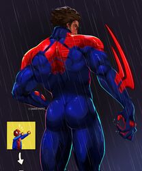  1boy 2angelisimo ass back bara black_hair blue_bodysuit bodysuit corrupted_twitter_file dark-skinned_male dark_skin highres male_focus marvel miguel_o&#039;hara muscular muscular_male original outdoors rain red_bodysuit short_hair solo spider-man:_across_the_spider-verse spider-man_(2099) spider-man_(series) spider-verse thick_thighs thighs twitter_username two-tone_bodysuit water_drop 