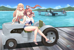  2girls aircraft airplane bikini bikini_skirt blonde_hair blue_eyes blue_sky bottle breasts brown_hair day flip-flops flying_boat gold_bikini hair_between_eyes high_side_ponytail highres holding holding_bottle huge_breasts kantai_collection large_breasts long_hair medium_breasts motor_vehicle multiple_girls ocean odachu on_vehicle outdoors pby_catalina ponytail sandals saratoga_(kancolle) side_ponytail sitting sky smile smokestack_hair_ornament swimsuit very_long_hair victorious_(kancolle) white_bikini 