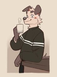  2022 anthro beverage biped blush blush_lines blush_stickers brown_ears brown_eyebrows brown_eyes brown_hands button_ears canid canine canis closed_smile clothed clothed_anthro clothed_male clothing coffee coffee_mug domestic_dog eyebrows fingers floppy_ears fur green_clothing green_sweater green_topwear grey_nose greyy hi_res holding_beverage holding_coffee_mug holding_object looking_at_viewer male male_anthro mammal mouth_closed orange_blush orange_inner_ear shin_(hemuchang) slim slim_anthro slim_male smile solo sweater tan_body tan_fur topwear 