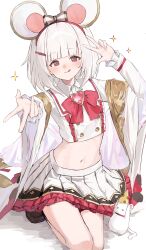  :q absurdres animal_ears blunt_bangs blush bow bowtie commentary_request double_w fake_animal_ears female granblue_fantasy heart-shaped_gem highres jacket long_sleeves looking_at_viewer midriff mouse_ears navel pink_gemstone red_bow red_bowtie red_eyes seiza shiro_wa_(shiroshironix) shirt short_hair simple_background sitting skirt smile sparkling_aura tongue tongue_out vikala_(granblue_fantasy) w white_background white_hair white_jacket white_shirt white_skirt wide_sleeves 