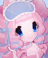  blue_eyes bow breasts cleavage close-up curly_hair drill_hair female hairbow highres looking_at_viewer mask original pink_hair rinihimme sleep_mask smile solo twin_drills twintails unworn_mask upper_body watermark 