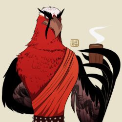  1:1 2021 absurd_res accipitriform anthro avian beak biped bird black_body black_feathers brown_beak clothed clothing container cup dreamworks eyebrows feathers front_view half-length_portrait hi_res holding_container holding_cup holding_object holding_tea_cup jindiao kabuki-aku kung_fu_panda looking_at_viewer male portrait red_body red_feathers simple_background solo tea_cup vulture 