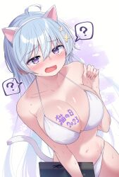  ? @_@ animal_ear_hairband animal_ears bikini blush body_writing breasts cat_ear_hairband cat_ears cat_tail cleavage collarbone commentary_request dutch_angle fake_animal_ears female hair_ornament hairband highres hiyori_uwamura holding kamio_fukuchi large_breasts long_hair navel open_mouth paw_pose paw_print paw_print_background purple_background purple_eyes solo spoken_question_mark sweat swimsuit tail translation_request two-tone_background very_long_hair white_background white_bikini white_hair x_hair_ornament yowa_yowa_sensei 