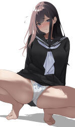  barefoot be9459 black_sailor_collar black_serafuku black_shirt black_skirt blue_eyes blue_pupils blush bow bow_panties brown_hair closed_mouth feet female highres long_hair long_sleeves looking_at_viewer neckerchief no_legwear original panties pleated_skirt sailor_collar school_uniform serafuku shirt simple_background skirt solo squatting toenails toes underwear white_background white_neckerchief white_panties 