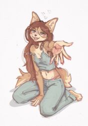  2024 4_toes anthro barefoot blush breasts canid canine canis claws clothed clothing cotton_(yshanii) digital_media_(artwork) dingo fangs feet female fully_clothed fur hi_res looking_at_viewer mammal midriff navel pawpads paws pink_pawpads plantigrade simple_background solo tan_body tan_fur teeth toes white_background yshanii 