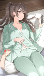  1boy anger_vein bed_sheet blush breasts brown_hair cellphone cleavage clenched_hand collarbone commentary female green_pajamas hair_spread_out highres holding holding_phone indoors kuze_masachika long_hair lying medium_breasts midriff_peek navel nonbire on_back out_of_frame pajamas phone ponytail smile solo_focus suou_yuki tokidoki_bosotto_roshia-go_de_dereru_tonari_no_alya-san very_long_hair wooden_floor 