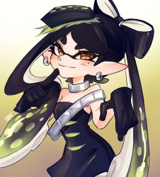  +_+ black_bow black_dress black_gloves black_hair blush bow brown_background brown_eyes callie_(splatoon) choker closed_mouth commentary cowboy_shot dress earrings english_commentary female finger_to_own_chin from_side gloves gradient_background hairbow highres index_finger_raised jewelry k0re_drawings looking_at_viewer pointy_ears simple_background sleeveless sleeveless_dress smile solo splatoon_(series) splatoon_3 strapless strapless_dress tentacle_hair thick_eyebrows twintails white_background yellow_background 