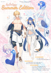  1boy abs absurdres alternate_costume asymmetrical_gloves asymmetrical_legwear asymmetrical_wings back bare_shoulders barefoot belt bikini blonde_hair blue_eyes blue_hair blush breasts character_name cleavage closed_eyes collarbone commentary_request couple dated detached_sleeves dizzy_(guilty_gear) english_commentary english_text female full_body guilty_gear guilty_gear_strive hair_ribbon hair_rings highres holding_hands honey_dogs husband_and_wife jacket jacket_on_shoulders ky_kiske lap_pillow large_breasts long_hair mature_female mature_male midriff mini_wings mixed-language_commentary multiple_views navel open_mouth pectorals red_eyes ribbon sandals short_hair single_thighhigh smile swimsuit tail tail_ornament tail_ribbon thighhighs thighs toeless_legwear topless_male twintails white_jacket white_thighhighs wings yellow_ribbon 