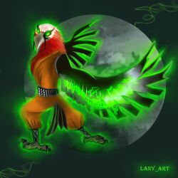  1:1 2024 accipitriform anthro artist_name avian beak biped bird black_body black_claws black_feathers claws clothed clothing dreamworks eyebrows feathers full-length_portrait glowing glowing_eyes hi_res jindiao kung_fu_panda lany_art looking_at_viewer male orange_clothing portrait red_body red_feathers simple_background solo standing toe_claws vulture 