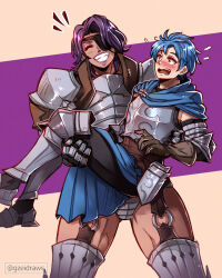  1boy alain_(unicorn_overlord) amalia_(unicorn_overlord) armor armored_leotard blue_hair blush carrying couple eyepatch eyeshadow female flying_sweatdrops gzei happy highres leotard makeup muscular muscular_female o-ring_legwear_garter princess_carry purple_eyeshadow purple_hair purple_lips tall_female thick_thighs thighs unicorn_overlord 