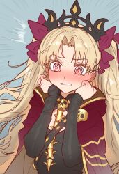  @_@ absurdres black_dress blonde_hair blush bow breasts cape detached_collar dress earrings ebora ereshkigal_(fate) fate/grand_order fate_(series) female gold_trim hairbow highres hood hooded_cape jewelry long_hair long_sleeves medium_breasts parted_bangs red_eyes skull_ornament solo tiara two_side_up 