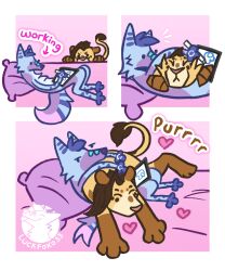  3_panel_comic among_us andromorph_(lore) anthro blue_body blue_fur blue_hair brown_body brown_fur brown_hair canid canine cheek_tuft chest_tuft chibi closed_eyes cuddling dot_eyes drawing drawing_tablet duo english_text facial_tuft felid female fox fur gynomorph_(lore) hair half-closed_eyes hi_res humor innersloth lion luckfoxo33 lying male mammal narrowed_eyes on_back pantherine purple_body purple_fur stylus tail tail_tuft tan_body tan_fur tatum_koenig text tolng trans_(lore) trans_man_(lore) trans_woman_(lore) tuft yellow_body yellow_fur 