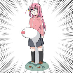  black_socks blue_eyes bocchi_the_rock! brown_footwear cube_hair_ornament drooling female full_body gotoh_hitori grey_skirt hair_ornament highres jacket kneehighs loafers mouth_drool one_side_up open_mouth phallic_symbol pink_hair pink_jacket pink_track_suit pokemon pokemon_(creature) red_nose saliva shoes skirt socks standing track_jacket wiglett yajiro555 