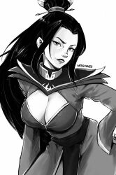  artist_name avatar:_the_last_airbender avatar_legends azula bent_over breasts cleavage commentary cowboy_shot english_commentary female grin hair_bun hand_on_own_hip large_breasts long_hair long_sleeves looking_at_viewer miss_faves monochrome single_hair_bun smile solo topknot 