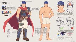  1boy abs absurdres armor bara barefoot blue_eyes blue_hair boots boxer_briefs cape clothes_on/clothes_off color_guide english_commentary english_text fingerless_gloves fire_emblem fire_emblem:_radiant_dawn game_screenshot_inset gloves green_headband headband height highres how_to ike_(fire_emblem) jon_(jonigiri) large_pectorals male_focus male_underwear multiple_views muscular muscular_male navel nipples official_art_inset pauldrons pectorals red_cape reference_inset reference_sheet short_hair shoulder_armor single_pauldron topless_male twitter_username underwear underwear_only white_background white_male_underwear 