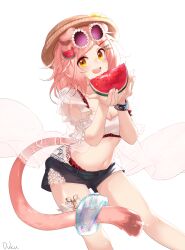  :d animal_ears arknights artist_name bikini black_shorts blush breasts brown_hat cleavage commentary_request cupping_hands duku_(hus7788950) eyewear_on_head female food food-themed_hair_ornament fruit fruit_hair_ornament goldenglow_(arknights) goldenglow_(summer_flowers)_(arknights) hair_ornament hairclip hat highres holding holding_food holding_fruit infection_monitor_(arknights) looking_at_viewer medium_hair navel official_alternate_costume open_clothes open_mouth own_hands_together pink_hair pink_tail purple-tinted_eyewear scissors see-through shirt shorts signature simple_background smile solo standing swimsuit tail teeth tinted_eyewear upper_teeth_only watermelon watermelon_hair_ornament watermelon_slice white_background white_bikini white_shirt yellow_eyes 