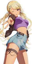  absurdres belt black_belt black_jacket blonde_hair blue_shorts breasts buttons chestnut_mouth cowboy_shot crop_top dark-skinned_female dark_skin denim denim_shorts ear_piercing earrings female from_side hair_ornament hair_ribbon hand_on_own_hip highres jacket jewelry kaminari_qpi lightning_bolt_earrings lightning_bolt_symbol long_hair looking_at_viewer medium_breasts midriff nail_polish one_eye_closed open_clothes open_jacket open_mouth piercing pocket puffy_short_sleeves puffy_sleeves purple_shirt red_eyes red_nails ribbon ring shirt short-sleeved_jacket short_sleeves shorts simple_background solo tamayan_(tmyaaa_tk) thigh_strap twintails v very_long_hair virtual_youtuber vspo! white_background x_hair_ornament 