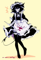  +++ :d alternate_costume animal_ears apron apron_lift artist_self-insert back_bow bell black_collar black_dress black_eyes black_hair black_tail blood blood_on_clothes bow clothes_lift collar colored_skin commentary demon_tail dress english_commentary enmaided female frilled_apron frills full_body hair_between_eyes highres juliet_sleeves k0re_drawings long_sleeves looking_at_viewer maid maid_headdress neck_bell no_shoes open_mouth original petticoat pigeon-toed puffy_sleeves shadow short_hair simple_background smile solo standing standing_on_one_leg tail white_apron white_bow white_headdress white_skin yellow_background zettai_ryouiki 